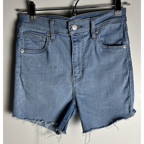 Levis Denim Mile High Super Skinny Shorts Sz 26 Stretchy Cut Offs Raw Hem - Picture 1 of 9